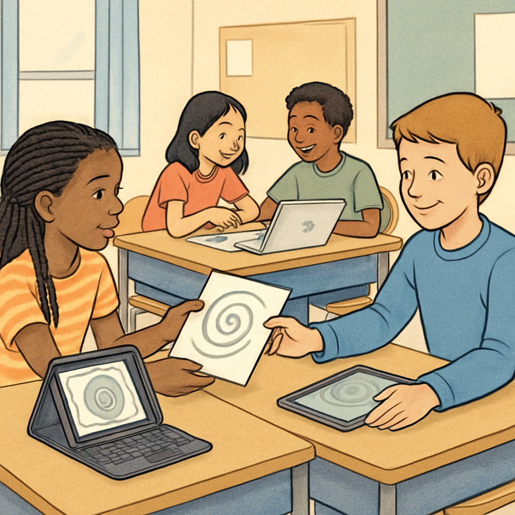 A classroom of K12 students working together on a Zoom/ReZoom activity, with visible engagement and teamwork. K12 students collaborating on a Zoom/ReZoom activity to understand sequence guides.