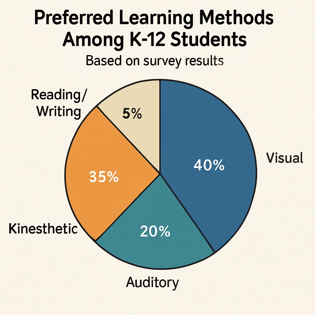 A pie chart illustrating the breakdown of preferred learning methods among K12 students, highlighting survey results. Graphical representation showing K12 students' preferred learning methods based on survey data.