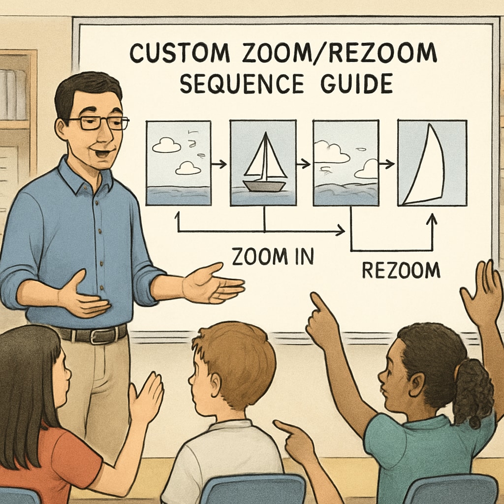A teacher creating a custom Zoom/ReZoom sequence guide on a whiteboard, with students contributing ideas. Teacher and students designing a Zoom/ReZoom activity sequence guide during class.