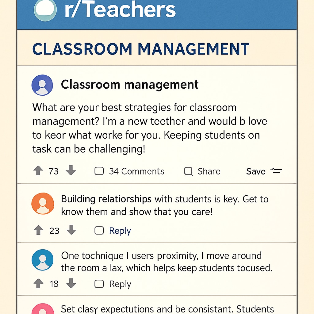 A screenshot of the r/Teachers subreddit showcasing a discussion thread about classroom management. A discussion thread on classroom management in the r/Teachers subreddit.