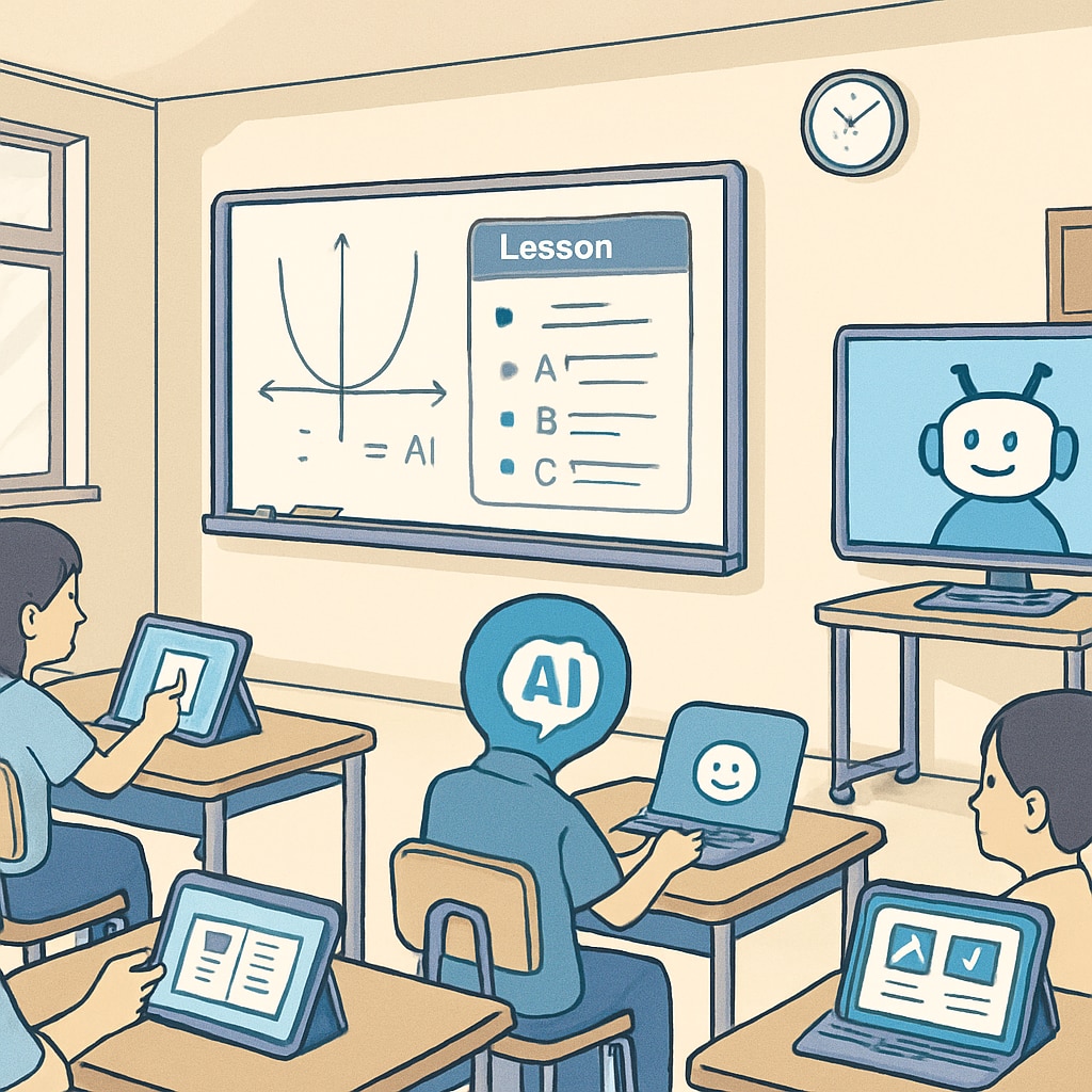 A classroom equipped with AI-driven tools like digital whiteboards and virtual teaching assistants, illustrating the integration of technology in education. AI-enhanced classroom setup showcasing teacher and technology collaboration.