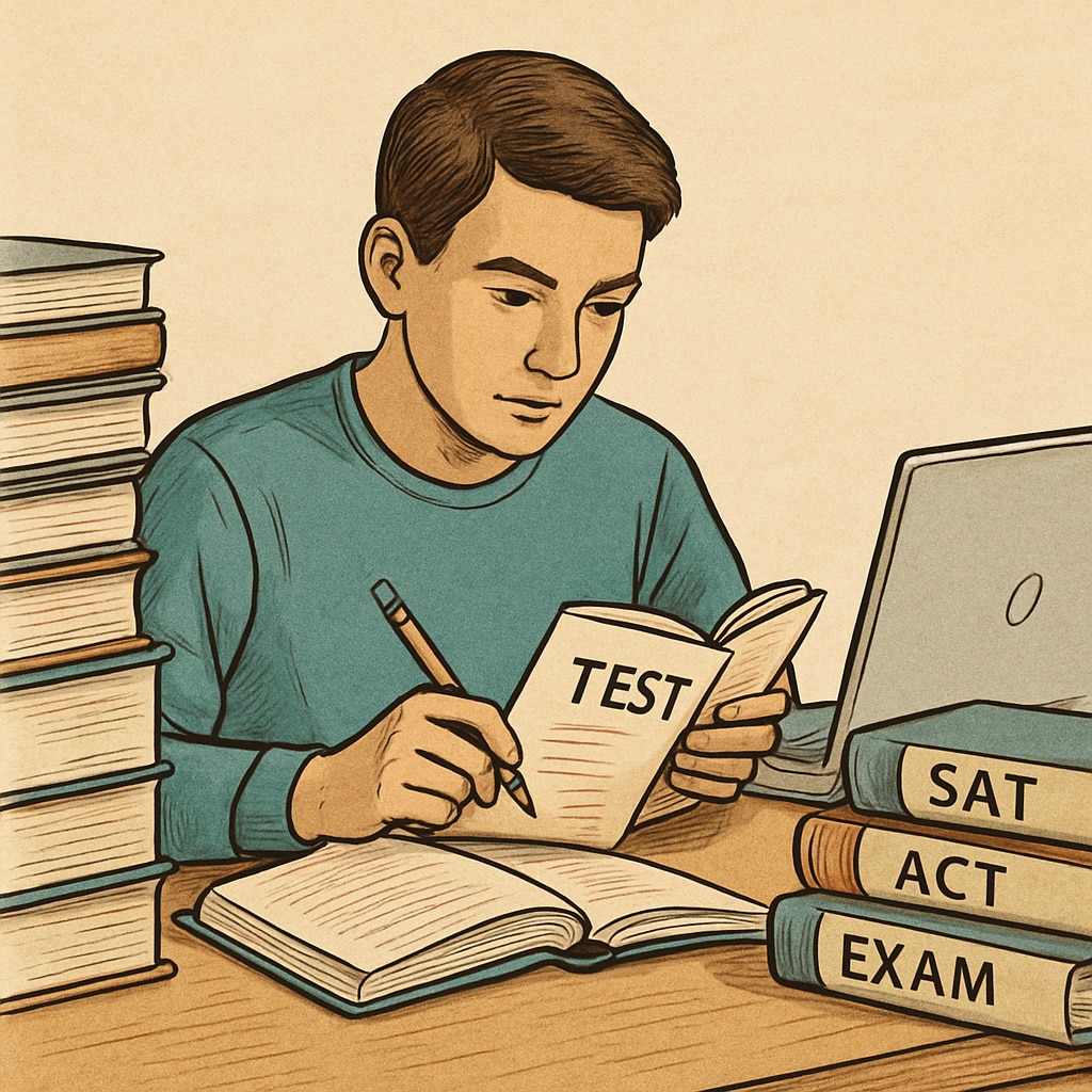 A student preparing for standardized tests, sitting at a desk with books and a laptop, symbolizing academic readiness for U.S. study programs. Student studying for standardized tests related to U.S. graduate programs preparation.