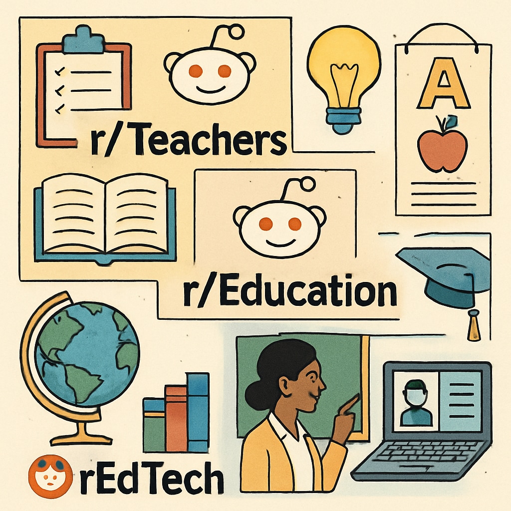 A collage of subreddit logos, including r/Teachers, r/Education, and r/EdTech, illustrating the variety of options available for educators. Subreddit logos for r/Teachers, r/Education, and r/EdTech.