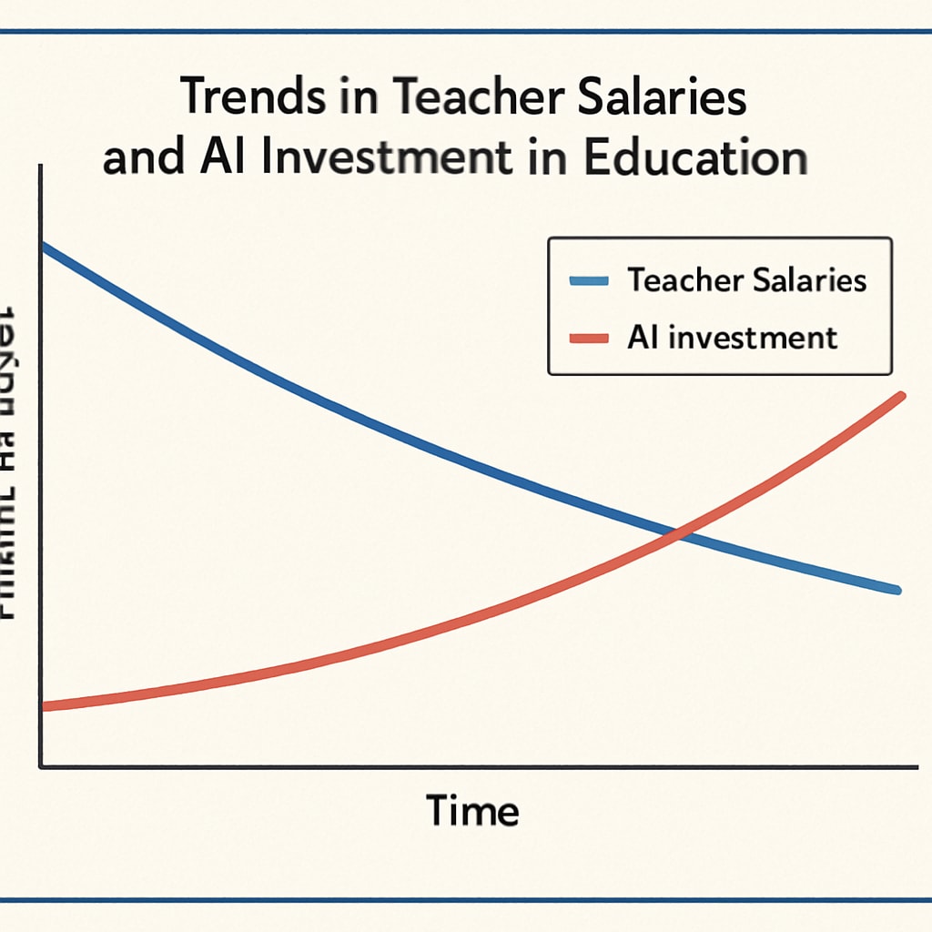 Graph showing trends in teacher salaries compared to AI investment in education, emphasizing financial shifts in the sector. Comparative graph of teacher salaries and AI spending in education.