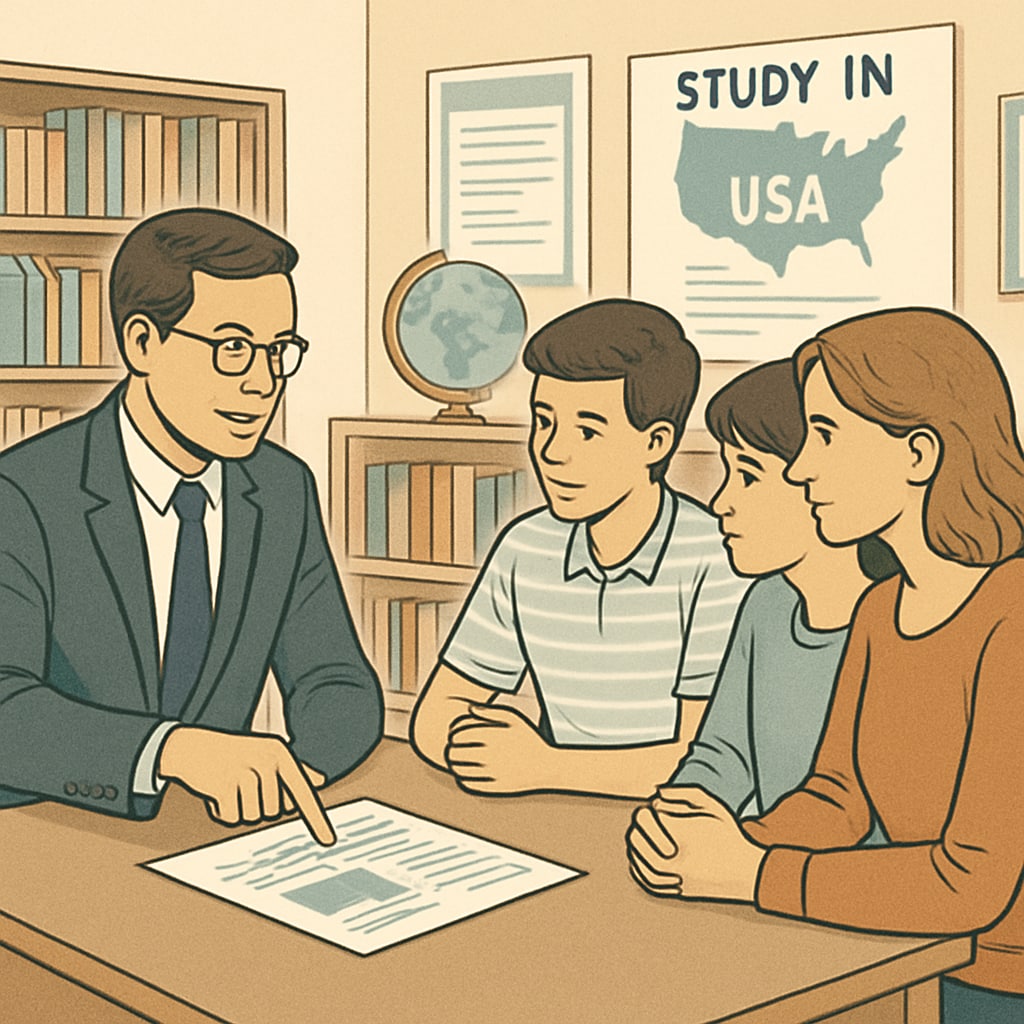 A professional consultant discussing study plans with a student and their parents, emphasizing the role of education agencies in U.S. study preparation. Consultant advising a family on U.S. study programs and agency services.