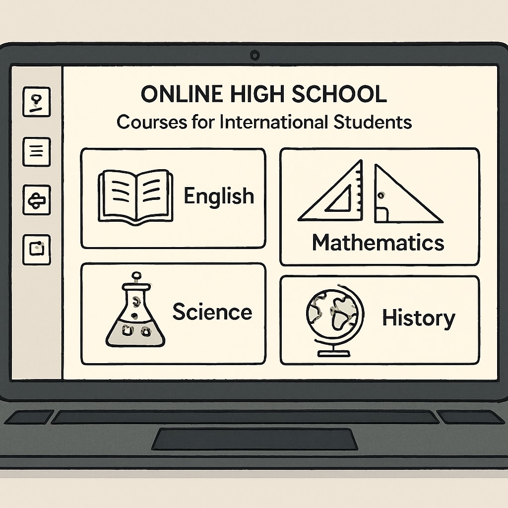 A laptop screen displaying an online high school platform interface, showcasing accessible courses for international students. Online high school diploma platform interface