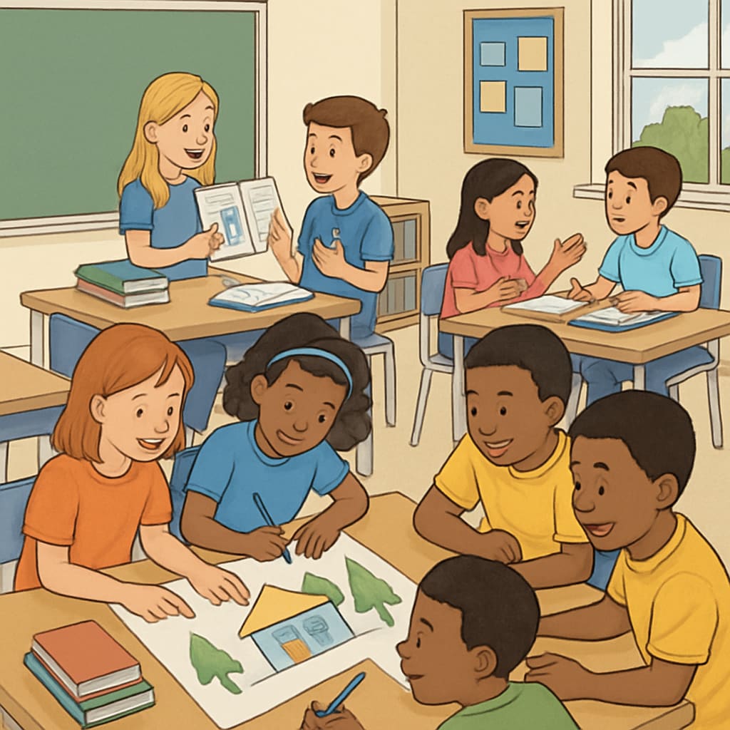 A classroom setting where students are engaged in collaborative learning activities, emphasizing creativity and teamwork. Students participating in collaborative learning activities, highlighting teamwork and creativity.
