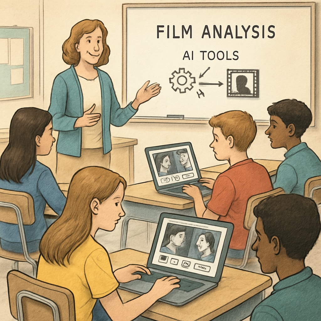 A classroom of high school students analyzing a film with AI tools on their laptops. High school students using AI tools to analyze film narratives for media literacy education.