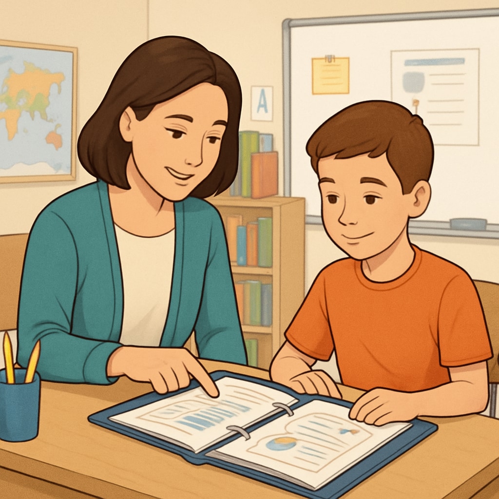 A teacher reviewing a student's portfolio with them, demonstrating a personalized and interactive assessment process. Teacher and student discussing portfolio-based assessments in a personalized learning environment.