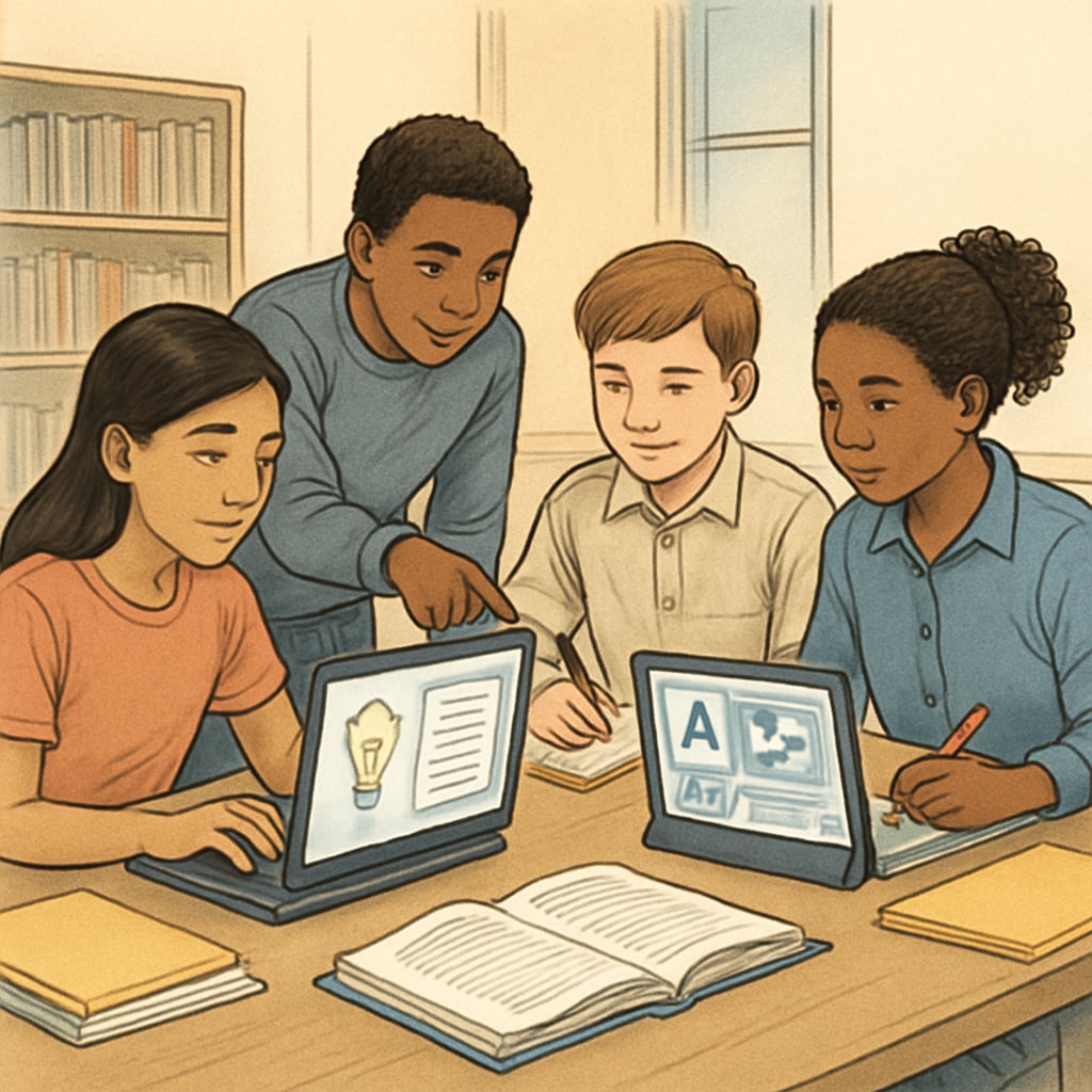 Students collaborating on a media project using free AI-powered writing and design tools. High school students working on a media project using free AI resources to enhance their storytelling skills.