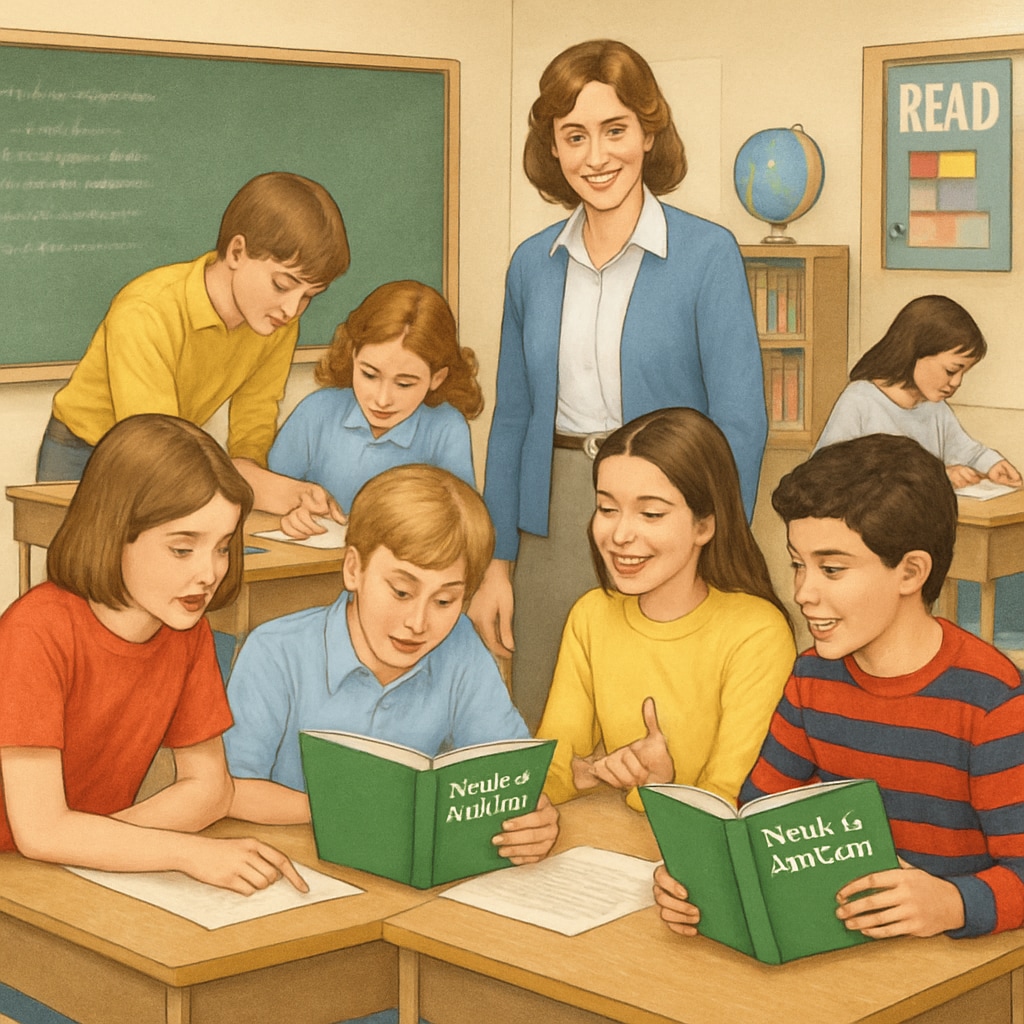 A classroom scene from the 1980s, with students actively engaging in group activities using the Students in a classroom using the
