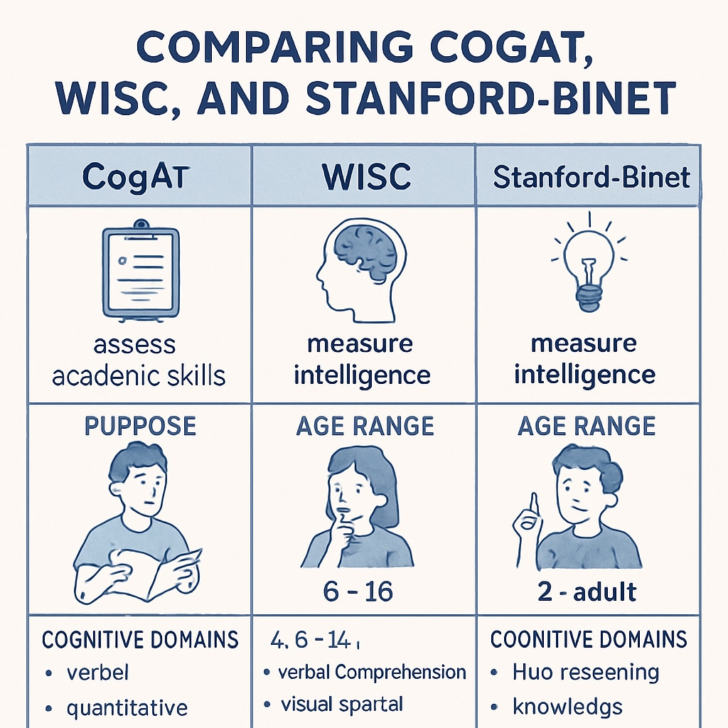 A chart comparing the key characteristics of CogAT, WISC, and Stanford-Binet in terms of purpose, age range, and cognitive domains covered. Comparison chart of CogAT, WISC, and Stanford-Binet cognitive tests for gifted children.