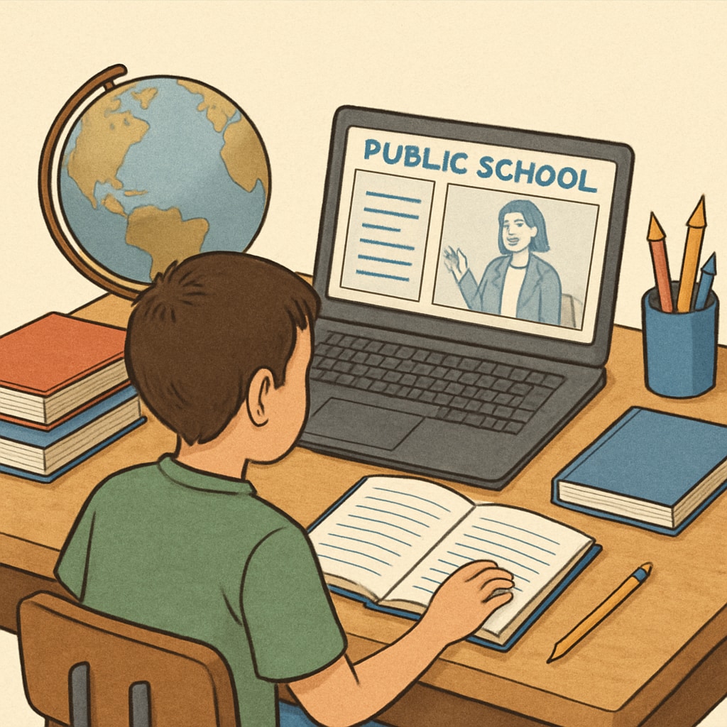 A student seated at a desk learning through an online public school platform. The image shows a child using a laptop, surrounded by educational materials. Online public school student working at home on a laptop