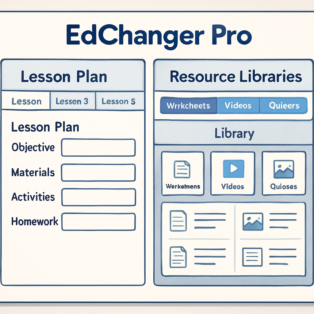 A visual representation of an EdChanger Pro interface showing lesson planning tools and resource libraries. EdChanger Pro interface demonstrating lesson planning resources for educators