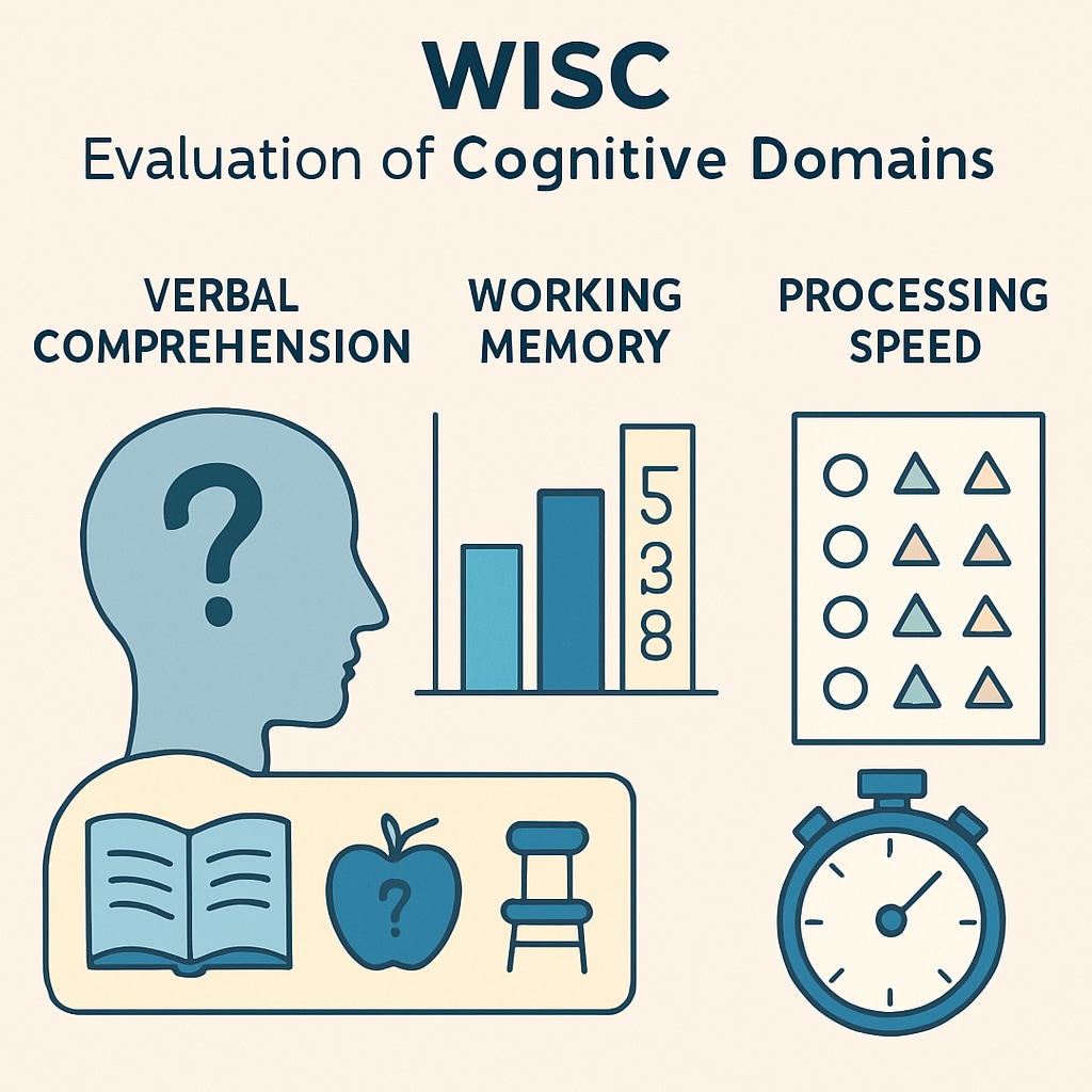 An engaging graphic illustrating how the WISC measures multiple cognitive domains, such as verbal comprehension, working memory, and processing speed. Diagram showcasing WISC cognitive domains for child intelligence evaluation.