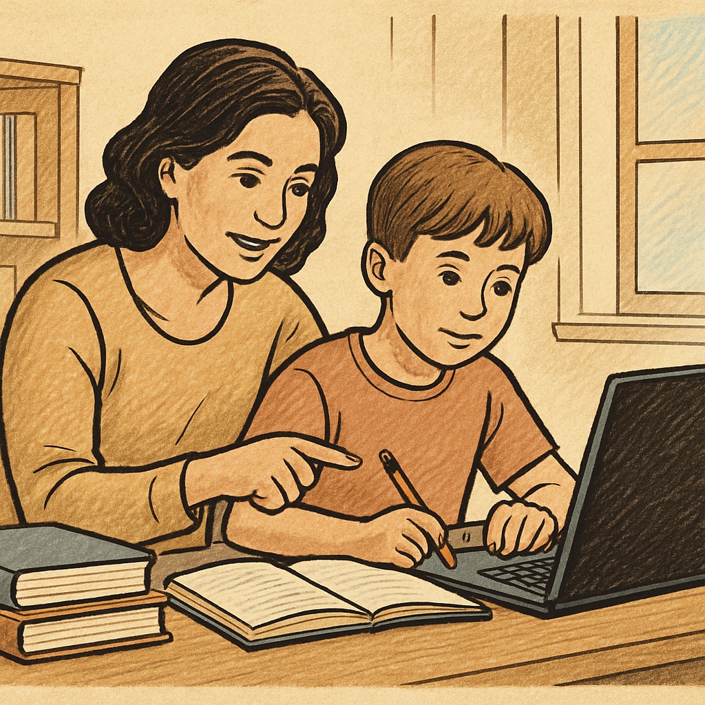A parent assisting their child with an online school assignment at home. The image conveys the family-oriented nature of virtual education. Parent helping child with an online public school program