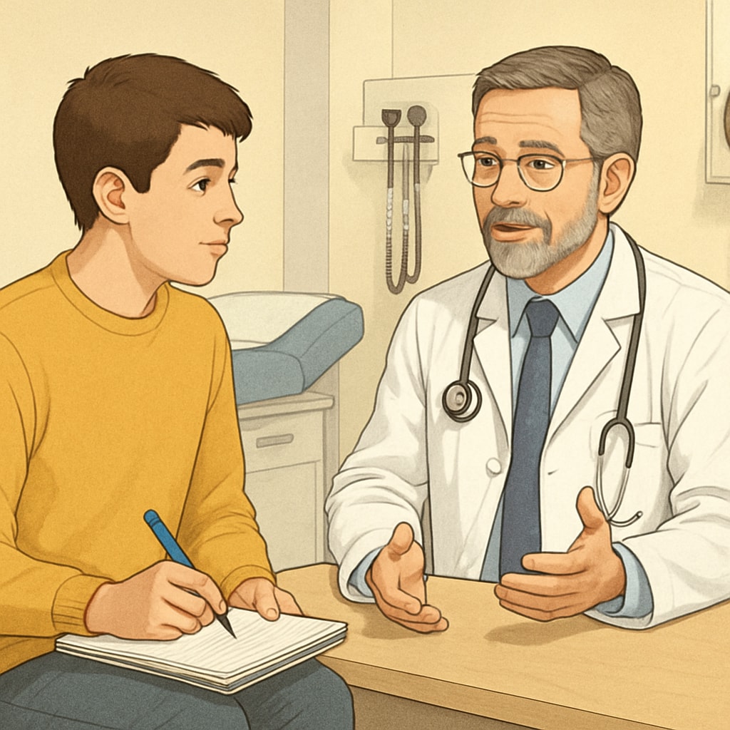 A high school student conducting an interview with a doctor in a clinical setting. A student interviewing a doctor about medical careers in a school program.