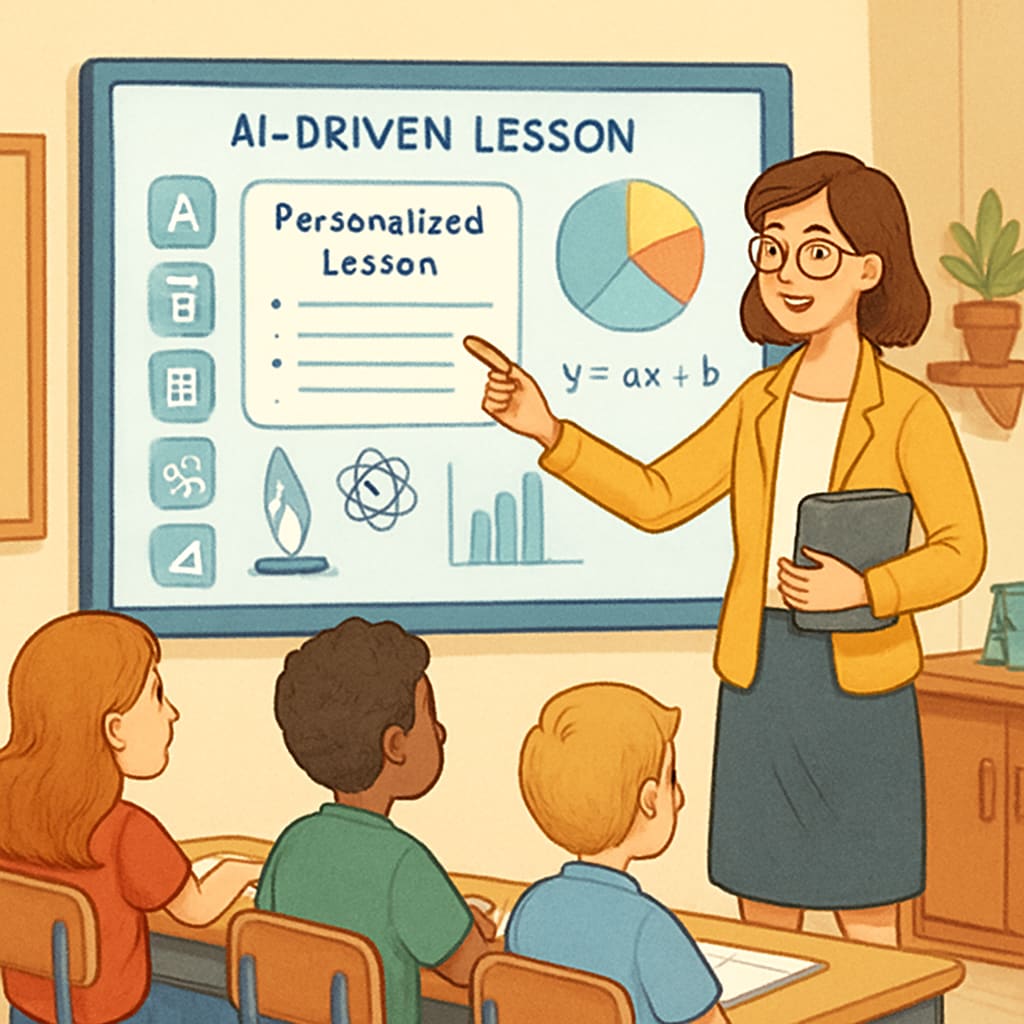 A teacher using an AI-driven interactive whiteboard to personalize lessons for her K12 students. Teacher using AI-driven technology to create personalized lessons in K12 education.
