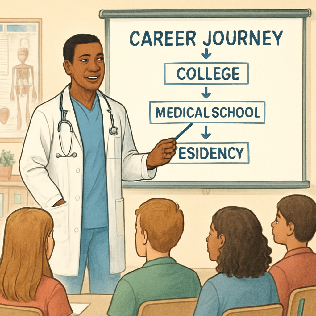 A medical professional explaining their career journey to a group of high school students. A doctor sharing insights about medical careers during a school program.