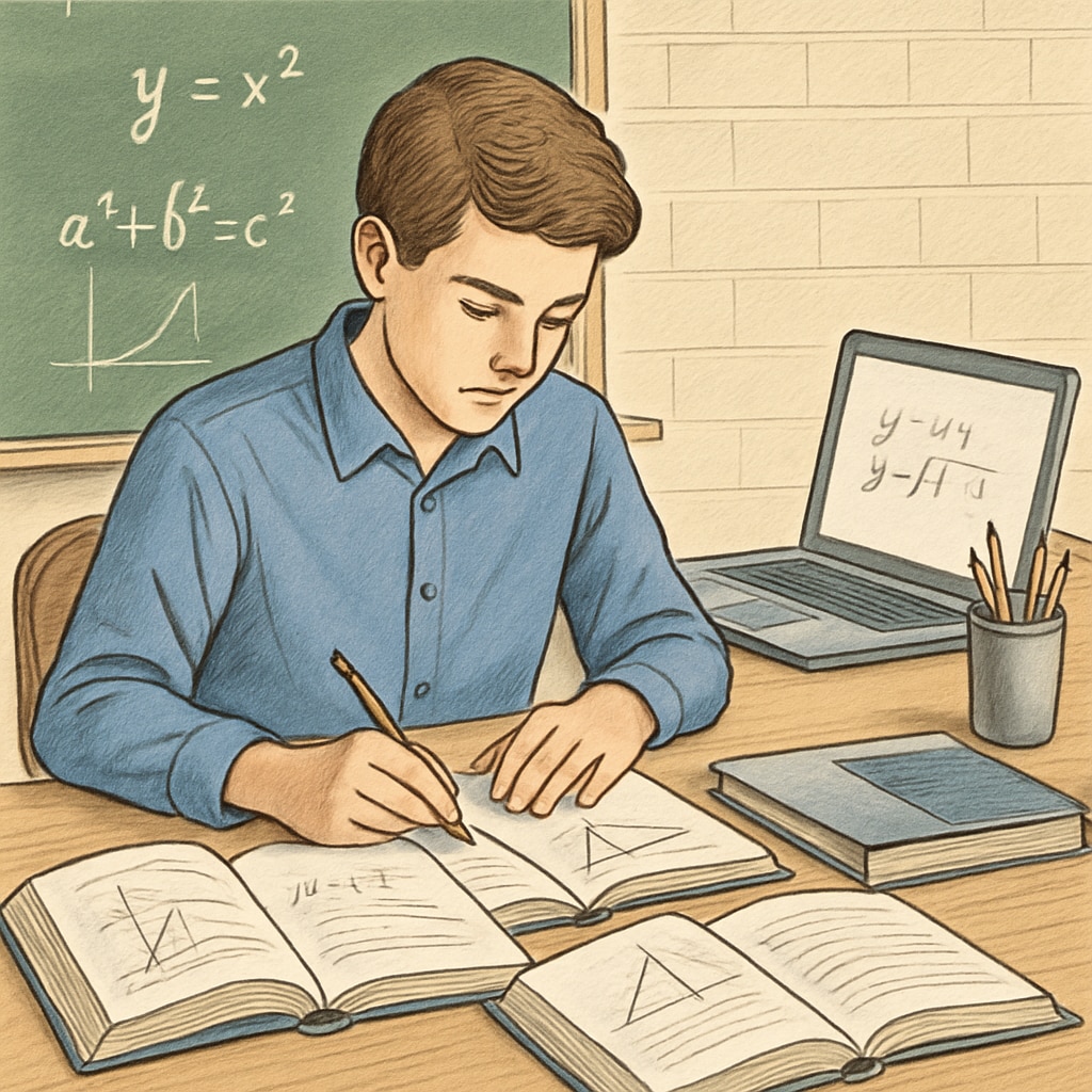 A high school student studying mathematics, with books and a laptop open on a desk. The setting emphasizes focus and academic exploration. High school student learning mathematics, with books and a laptop.