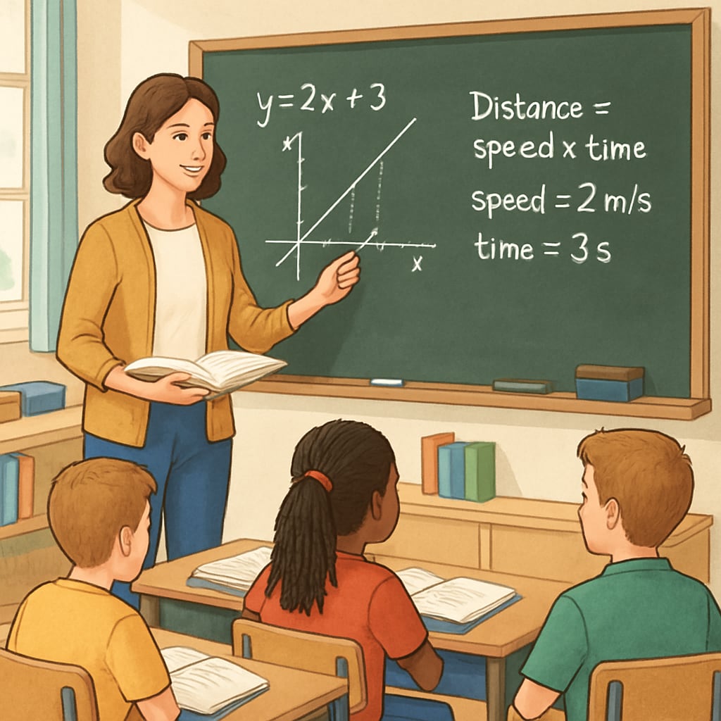 A teacher explaining a math concept to students in a classroom setting to demonstrate practical applications. Teacher explaining math concepts to students, connecting math to real-world scenarios.