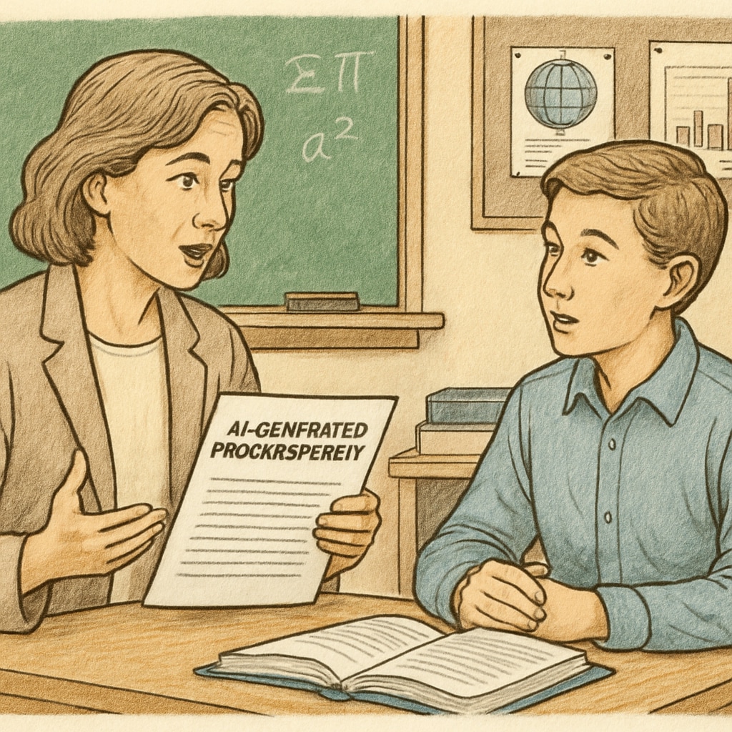 A teacher discussing AI-generated progress reports with a student in a classroom setting. Teacher reviewing AI-generated progress data with a K12 student in a classroom.
