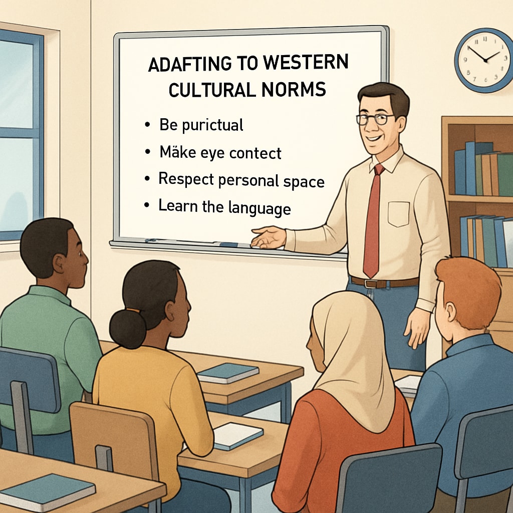 A diverse classroom of adult learners engaging in a lesson about Western cultural norms. The instructor is pointing at a whiteboard displaying cultural integration tips. Adult education classroom discussing Western cultural norms.