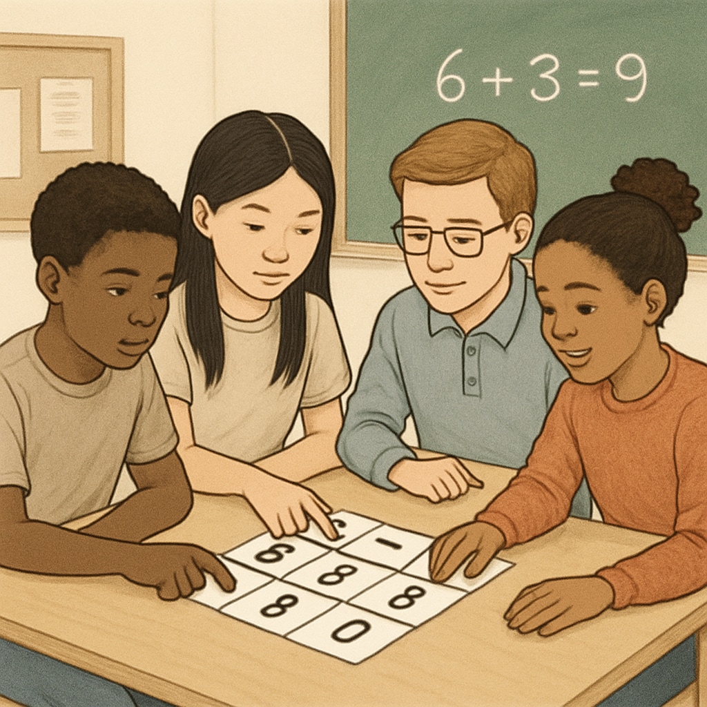 Students working together on a math puzzle or group activity to illustrate collaborative learning. Students collaborating on a math activity, demonstrating critical thinking and teamwork.