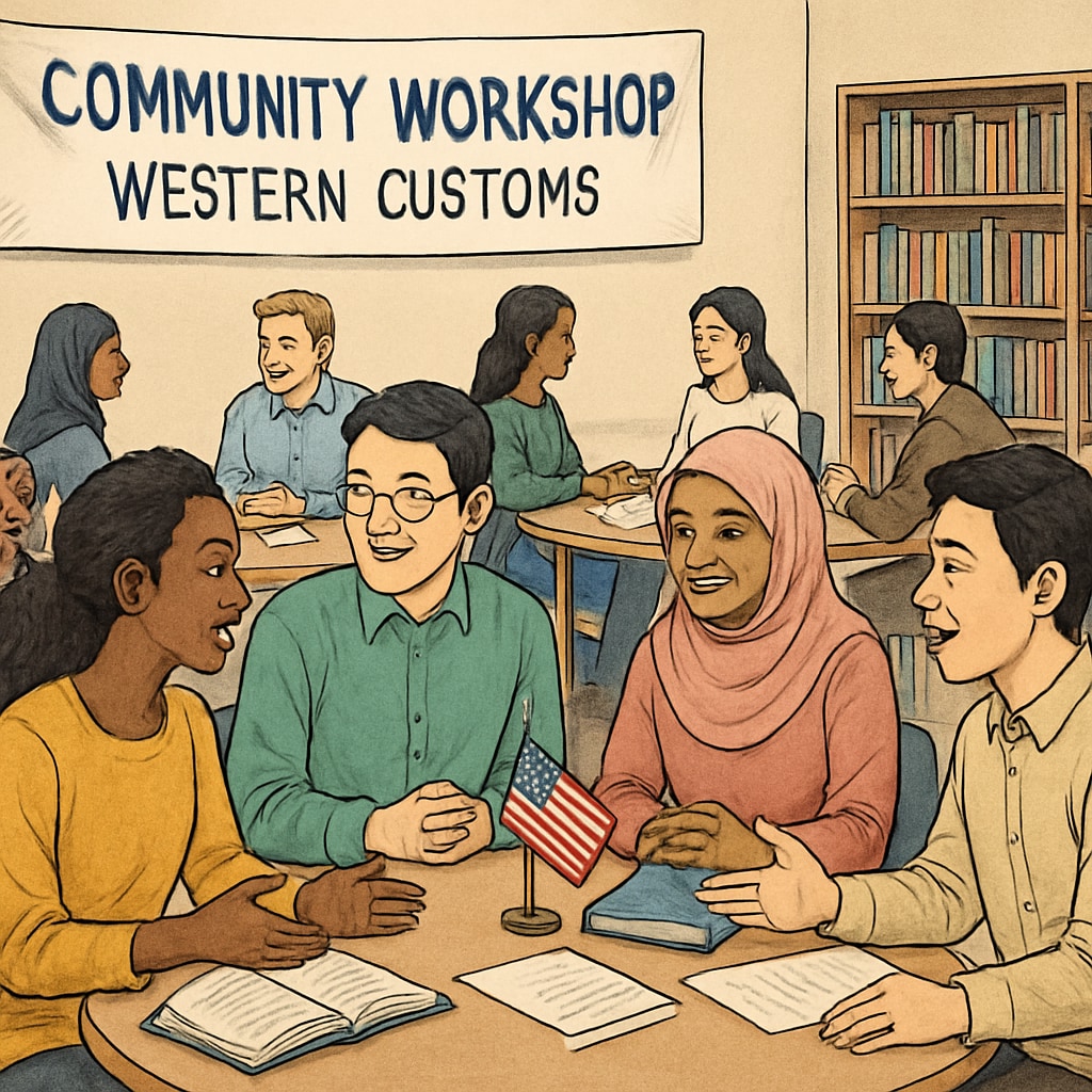 A community workshop with international students participating in activities to understand Western customs. Participants are seated in groups, sharing their experiences. Community workshop for cultural adaptation.