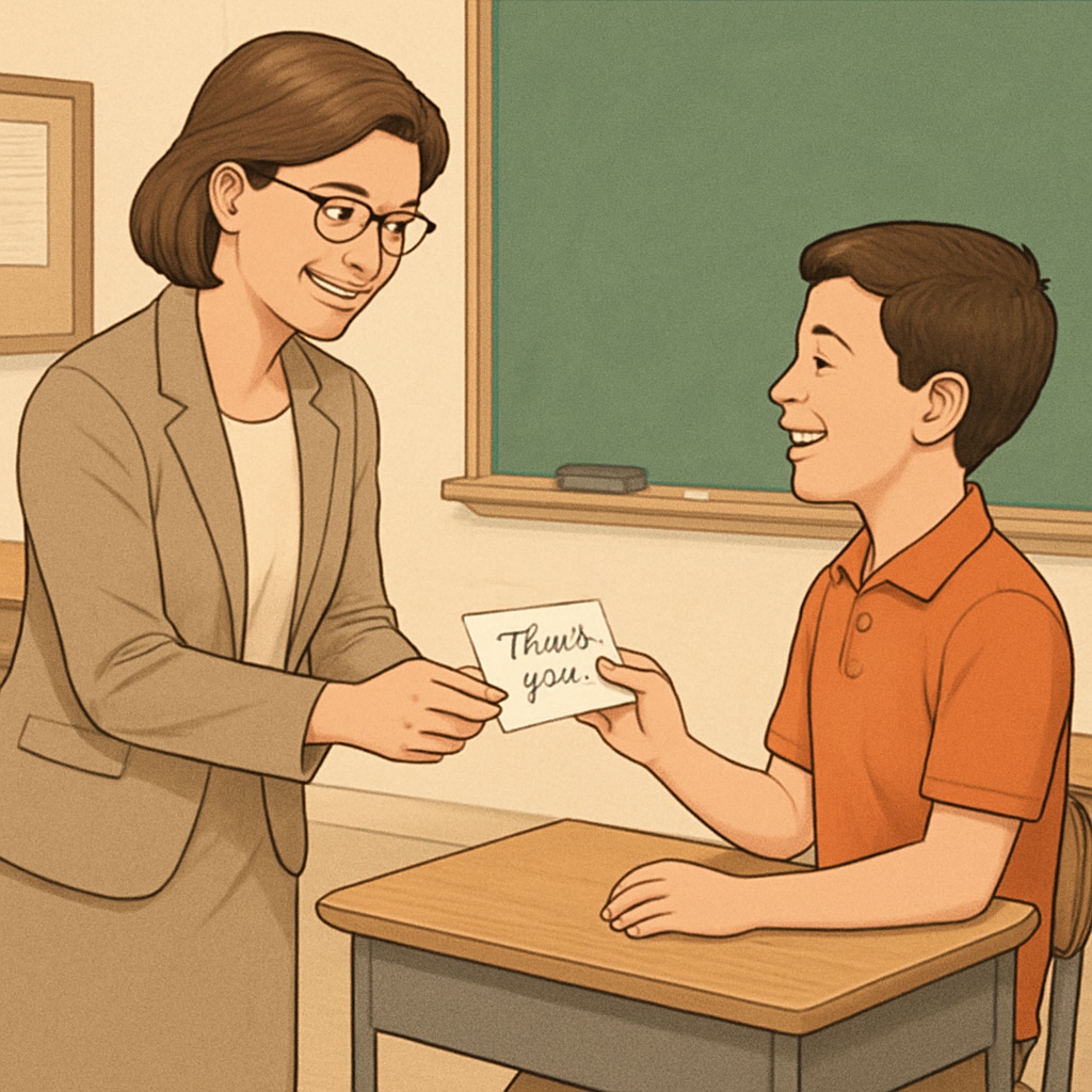 A teacher receiving a thank-you note from a student, emphasizing gratitude and teacher-student connection.