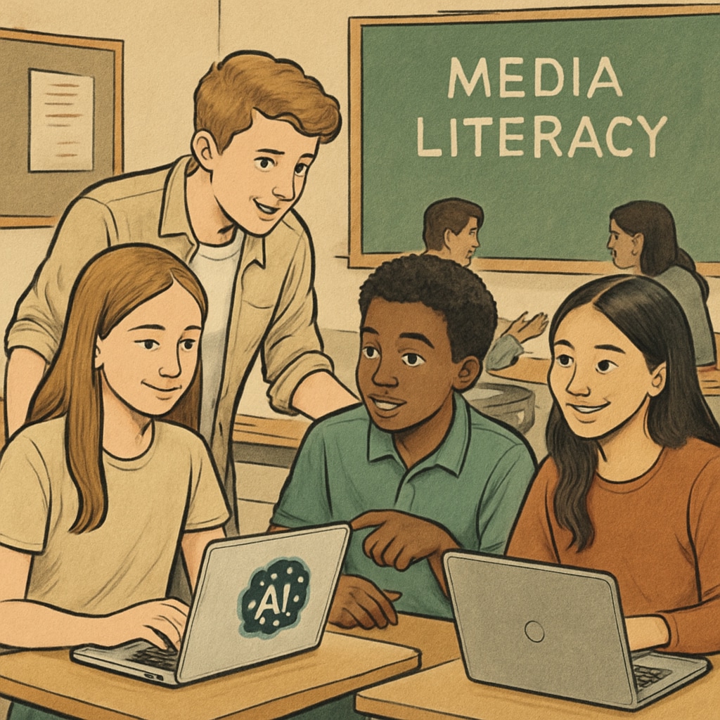 High school students engaging with AI tools during a media literacy lesson, with laptops and group discussions emphasized. High school students using AI tools for media literacy analysis