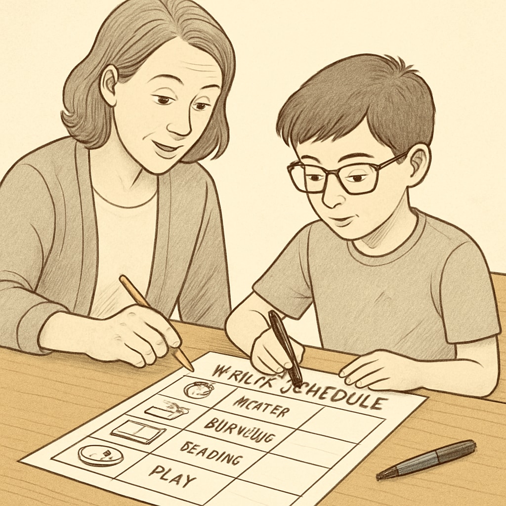 Parent and child using a visual schedule for time management, linked to ADHD and special education.