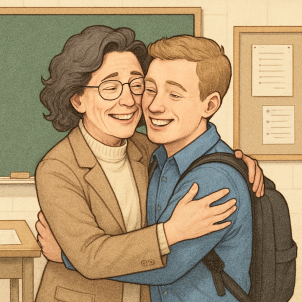 A teacher hugging a former student during a reunion, showcasing lasting teacher-student relationships.