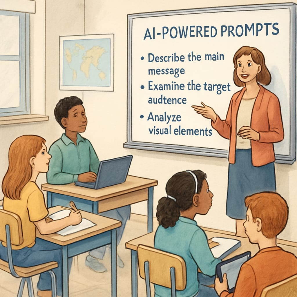 Teacher using AI-powered prompts to guide students in a media analysis project, featuring a classroom setup with active participation. Teacher guiding students with AI-powered prompts for media literacy