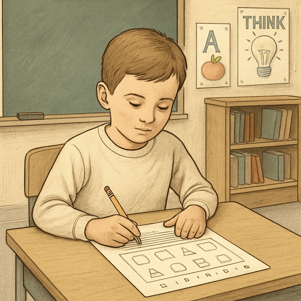 A child undergoing a standardized intelligence test in a classroom setting to evaluate their cognitive abilities. A child taking a standardized test as part of a gifted children assessment.