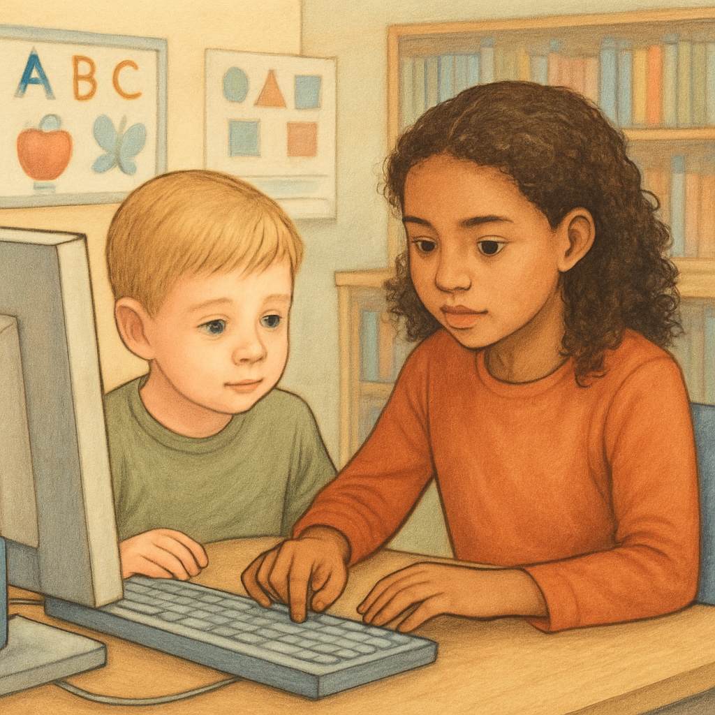 A kindergarten and fourth-grade student working together on a computer-based project, fostering collaboration and skill-building. Kindergarten and fourth-grade students collaborating on a computer activity.