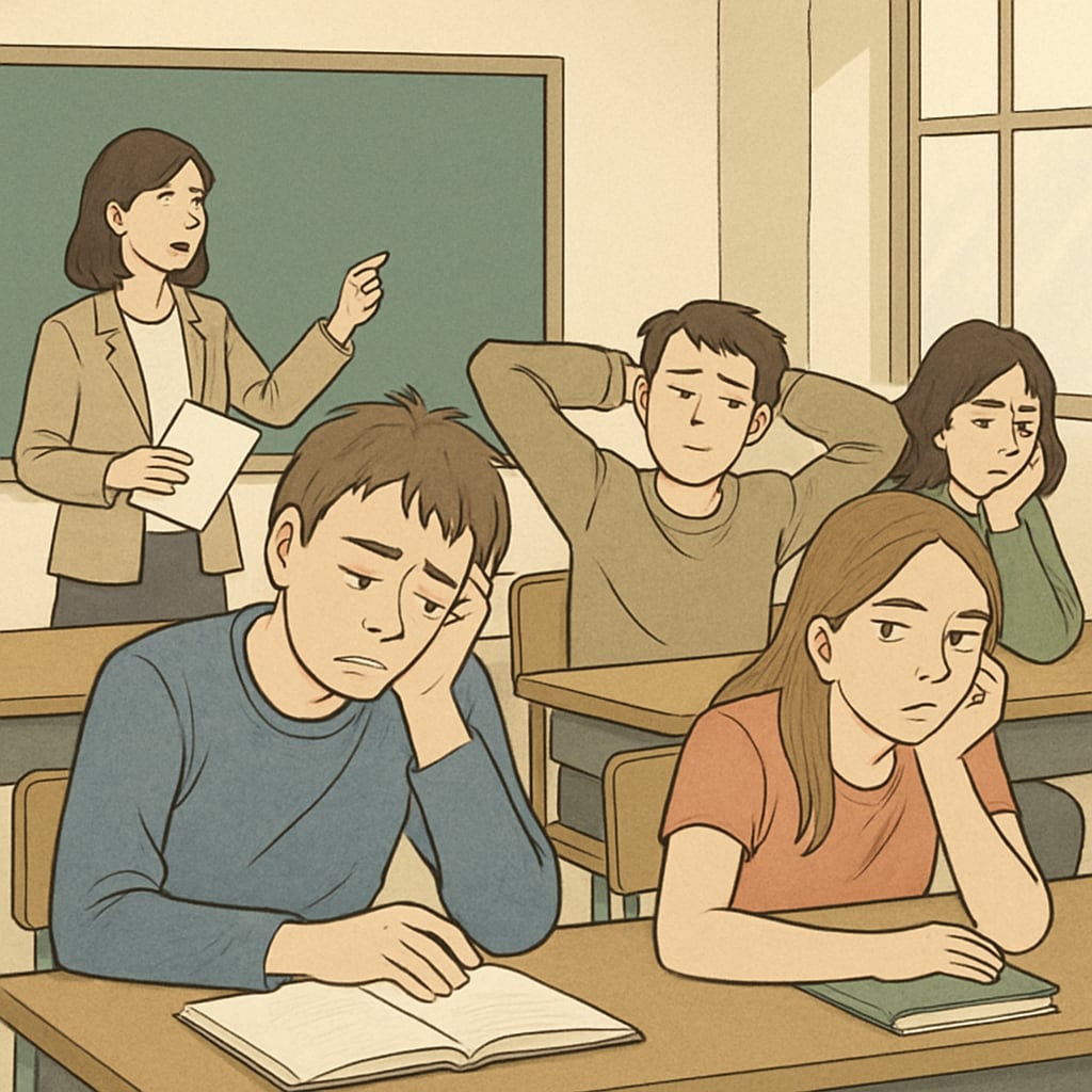 Disengaged students in a classroom setting, reflecting global K12 boredom.