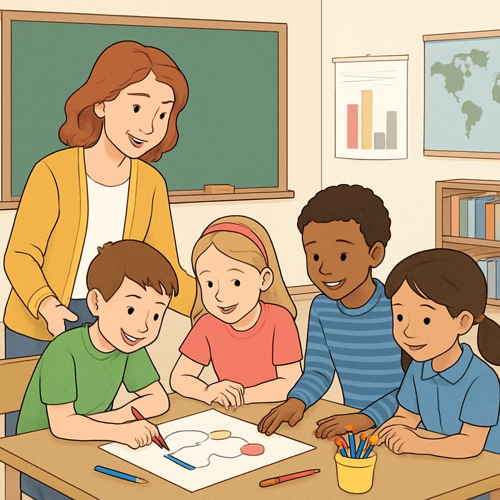 A teacher conducting a creative group activity to assess teamwork and problem-solving skills among children. A group activity to assess children's problem-solving and teamwork abilities.