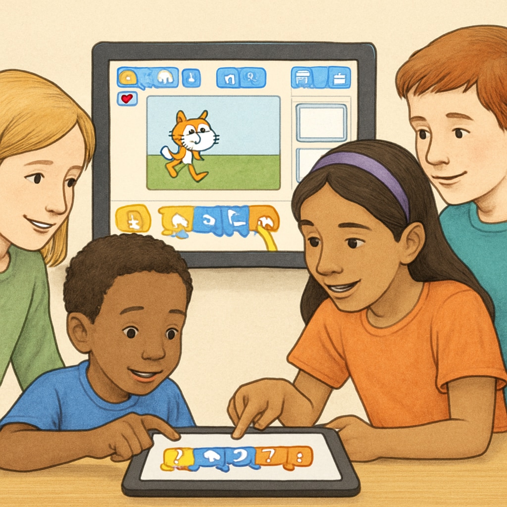 Children of different ages working together on a coding project using ScratchJr, showcasing teamwork and creativity. Students of varying ages collaborating on a ScratchJr coding project.