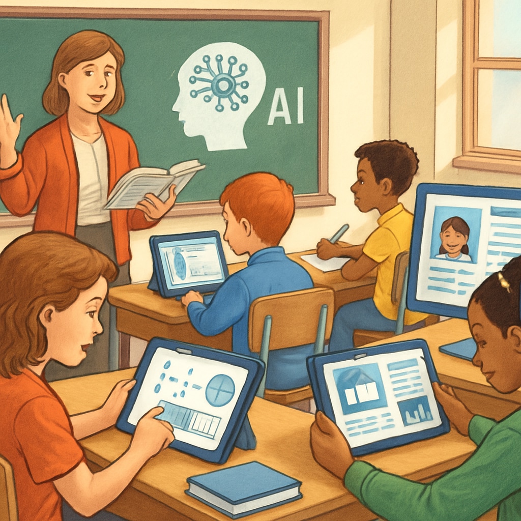 A classroom scene where students interact with AI-powered learning systems, highlighting personalized learning. AI-powered learning systems in K12 classrooms, showcasing personalized education.