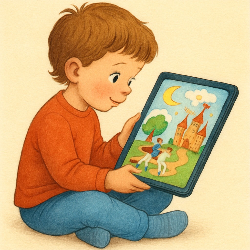 Child reading a digital storybook on an Android tablet using a children's reading app.