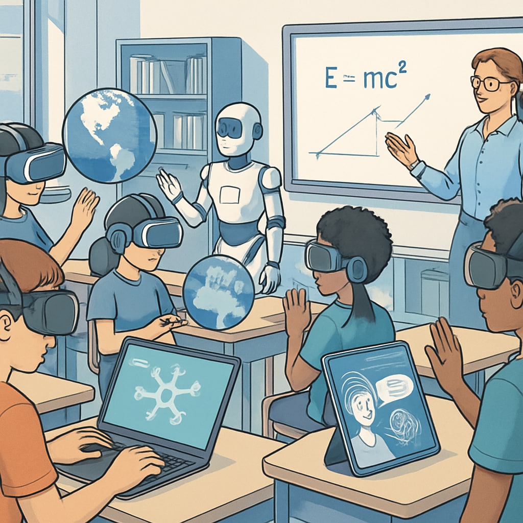 An AI-enabled futuristic classroom with students using virtual reality headsets and other AI tools, representing the vision for 2030 education. AI-enabled futuristic classroom in 2030, featuring virtual reality and advanced learning tools.