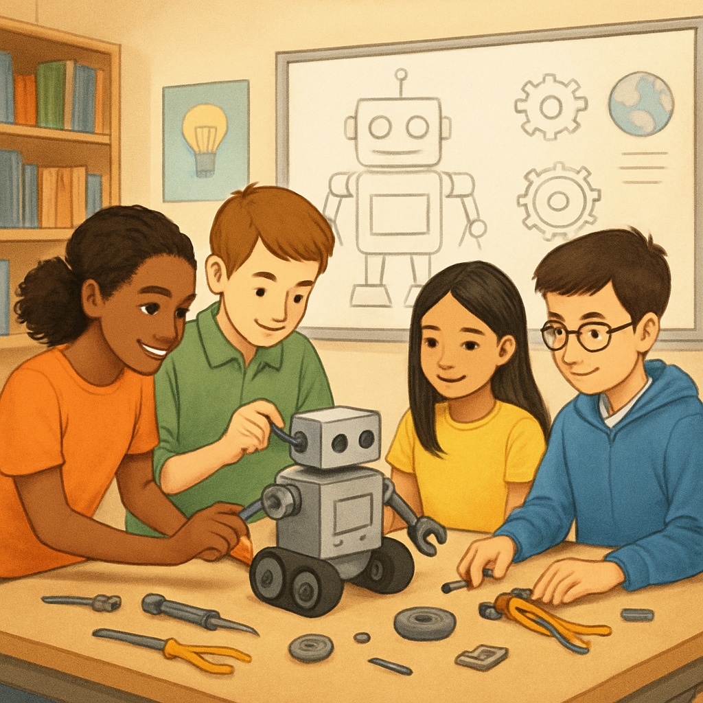 Students engaging in a STEM robotics project, highlighting design engineering and collaboration.