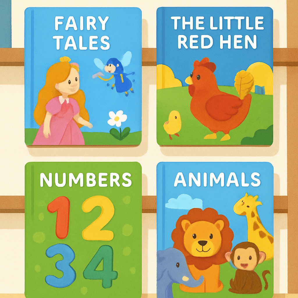 Children's reading app interface displaying a library of digital storybooks on Android.