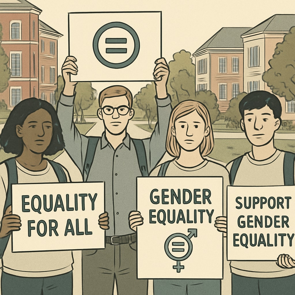 A group of students protesting university policies on gender, holding inclusive signs on a college campus. Students protesting Brown University's gender policy changes, advocating for transgender rights.