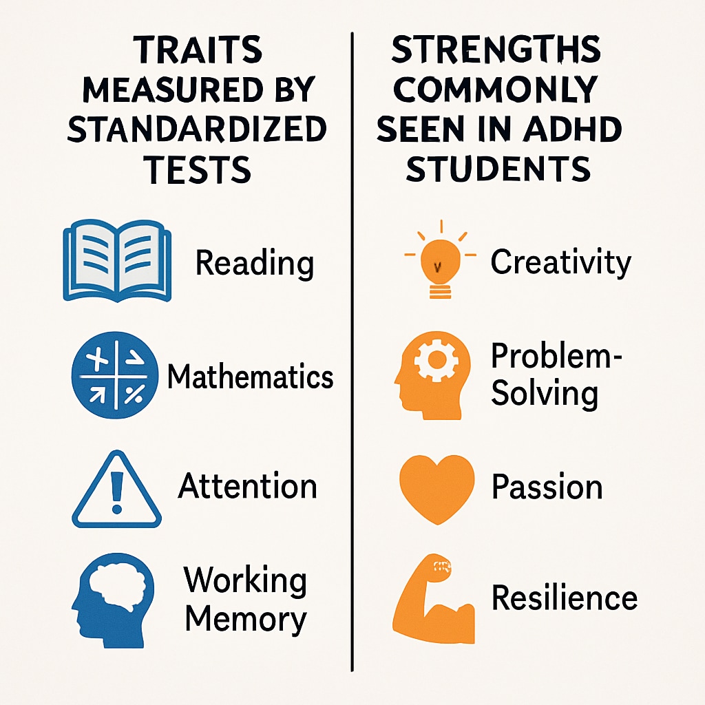A comparison chart of standardized test traits versus ADHD strengths.