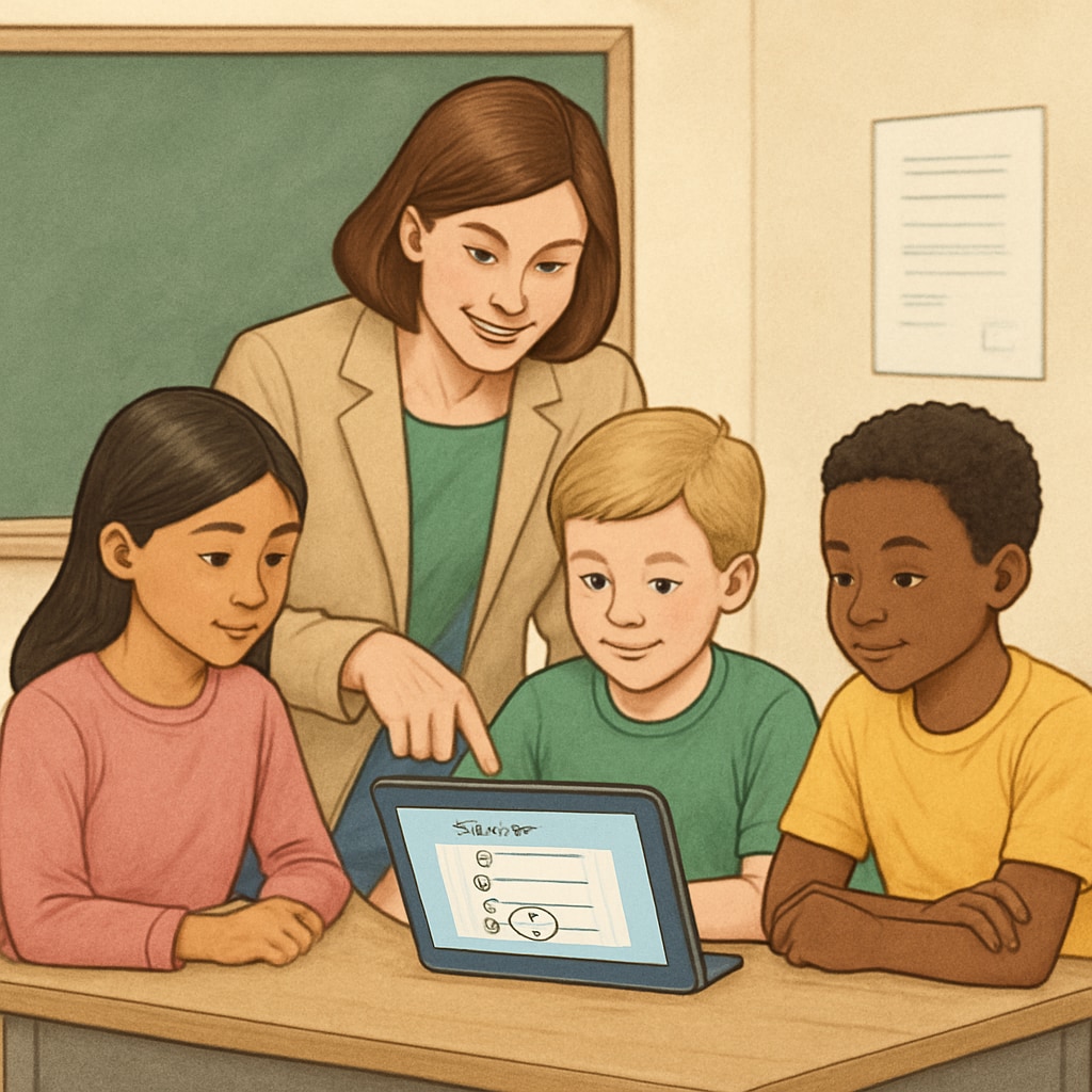 A teacher reviewing a digital assessment tool with a group of K12 students in a classroom setting. Teacher using a digital quiz resource with K12 students as a teaching tool