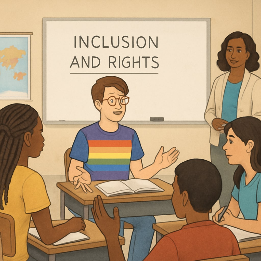 A high school classroom with diverse students, including a visibly LGBTQ+ individual, engaging in a discussion about inclusion and rights. LGBTQ+ student in a diverse classroom discussing inclusivity, with a focus on education equality.
