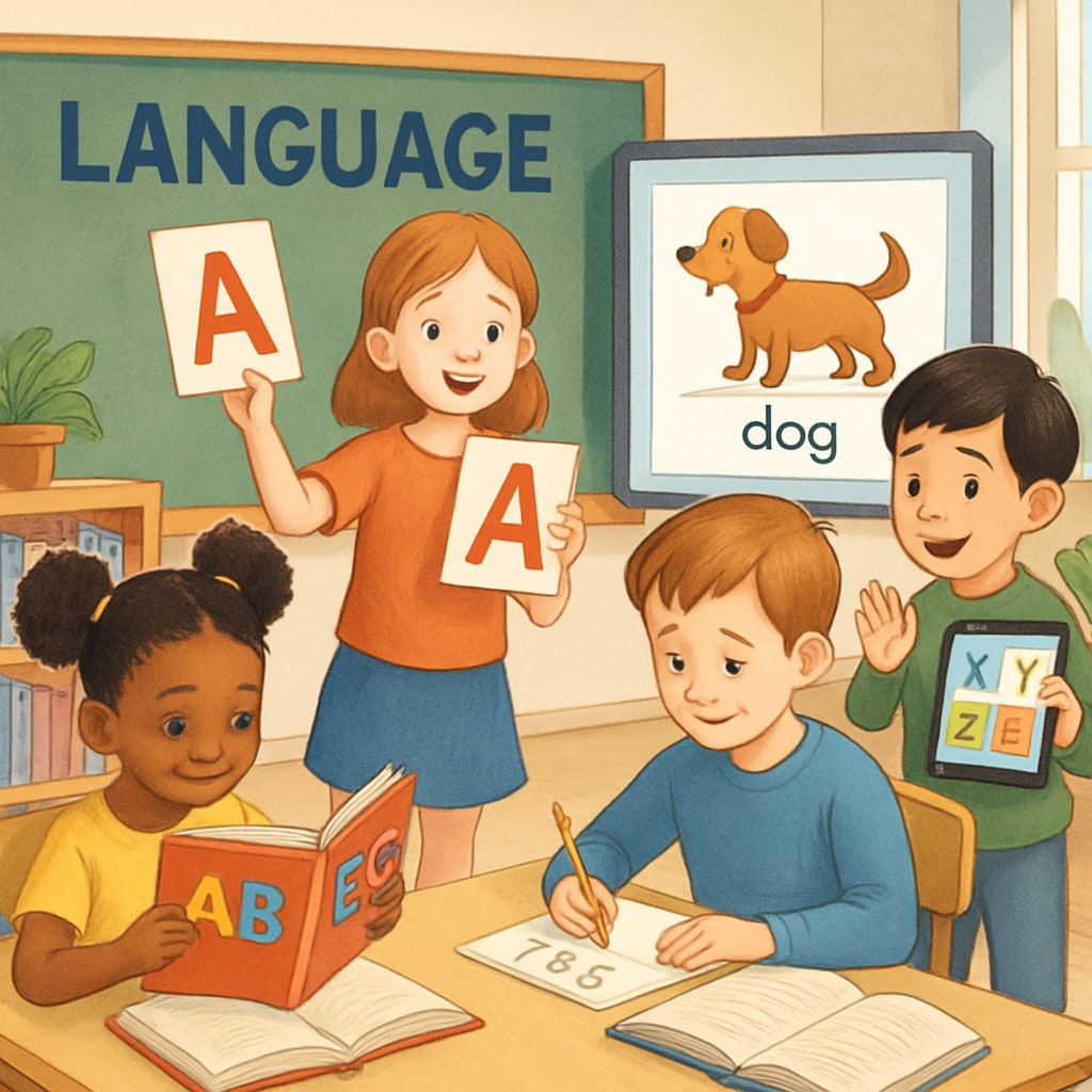 A colorful illustration of children learning language in a classroom setting, with books and interactive tools. Children learning language in a classroom setting