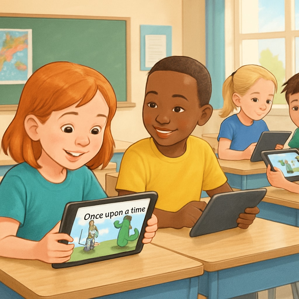 Children reading a storybook app on tablets in a classroom.